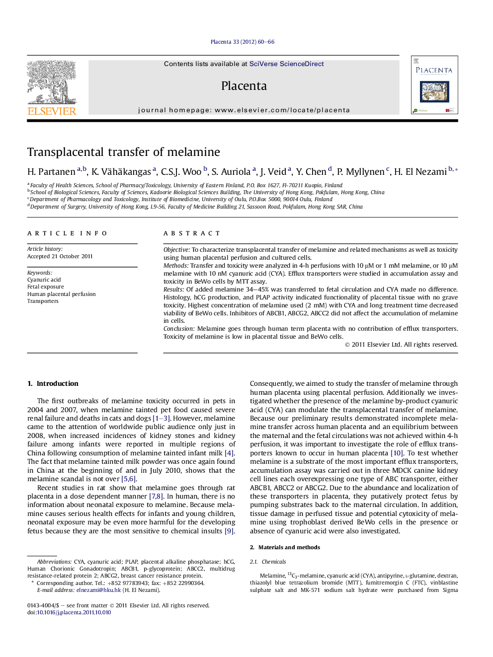 Transplacental transfer of melamine