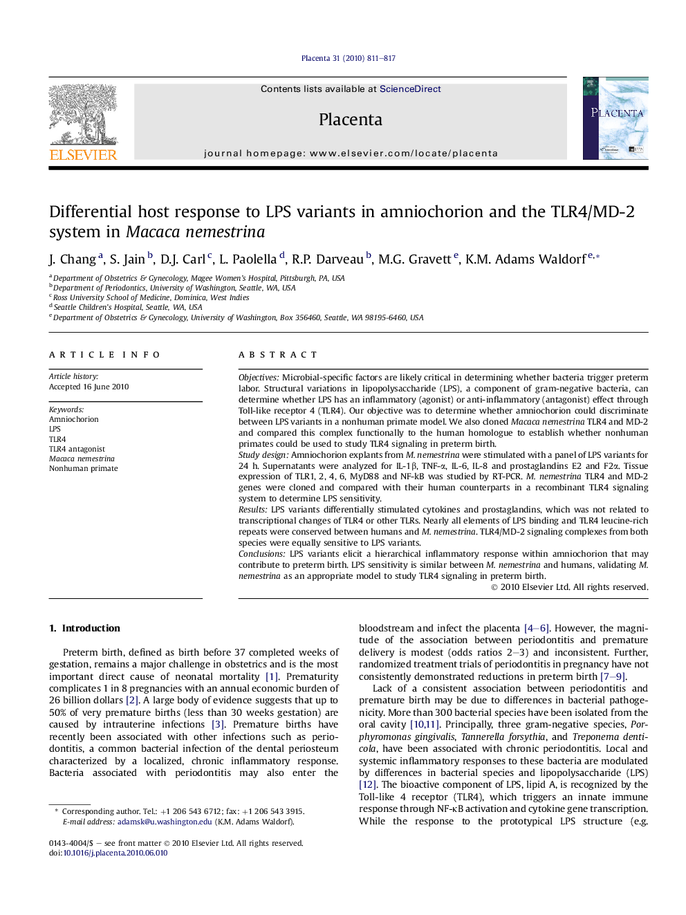 Differential host response to LPS variants in amniochorion and the TLR4/MD-2 system in Macaca nemestrina