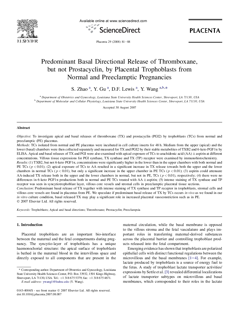 Predominant Basal Directional Release of Thromboxane, but not Prostacyclin, by Placental Trophoblasts from Normal and Preeclamptic Pregnancies