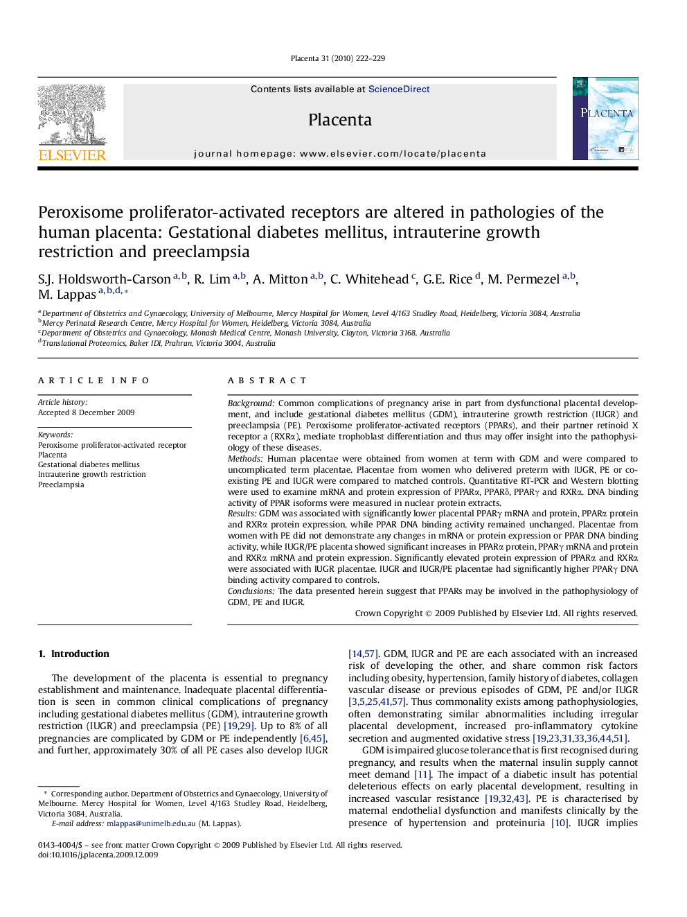 Peroxisome proliferator-activated receptors are altered in pathologies of the human placenta: Gestational diabetes mellitus, intrauterine growth restriction and preeclampsia