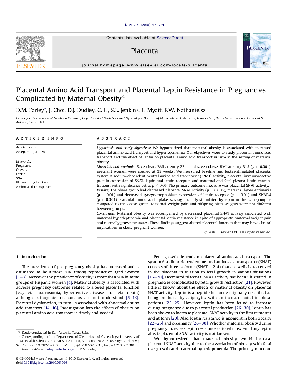 Placental Amino Acid Transport and Placental Leptin Resistance in Pregnancies Complicated by Maternal Obesity 