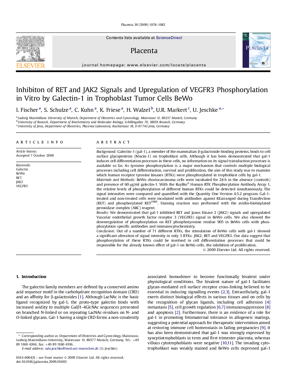 عکس صفحه اول مقاله: Inhibiton of RET and JAK2 Signals and Upregulation of VEGFR3 Phosphorylation in Vitro by Galectin-1 in Trophoblast Tumor Cells BeWo Inhibiton of RET and JAK2 Signals and Upregulation of VEGFR3 Phosphorylation in Vitro by Galectin-1 in Trophoblast Tumor Cells BeWo