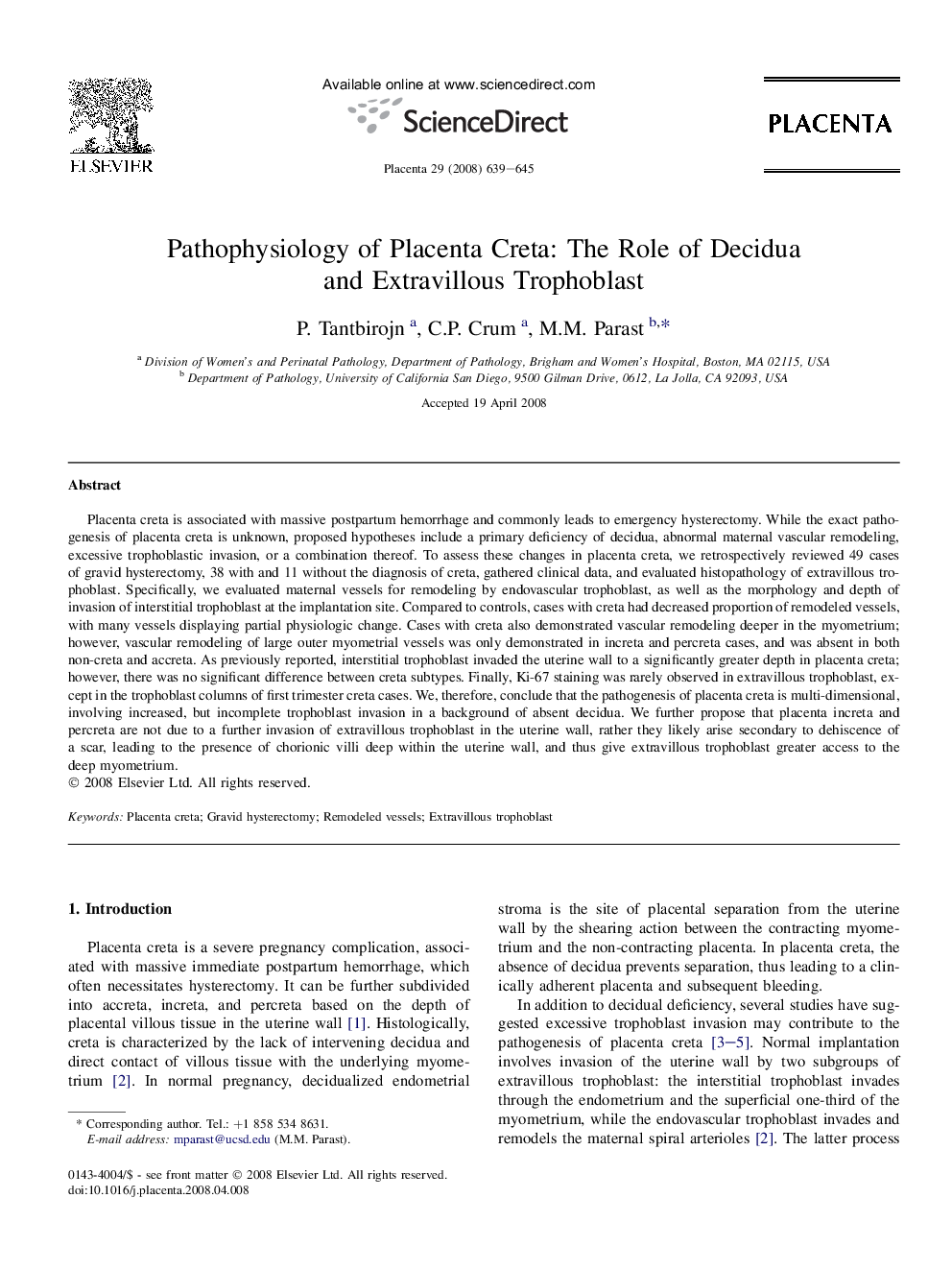Pathophysiology of Placenta Creta: The Role of Decidua and Extravillous Trophoblast