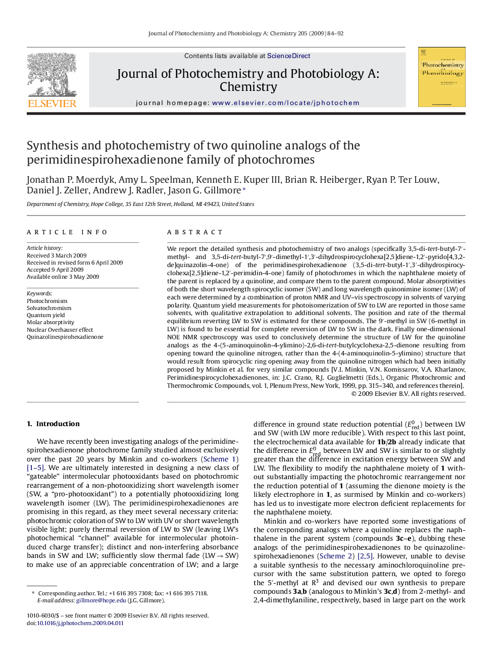 Synthesis and photochemistry of two quinoline analogs of the perimidinespirohexadienone family of photochromes