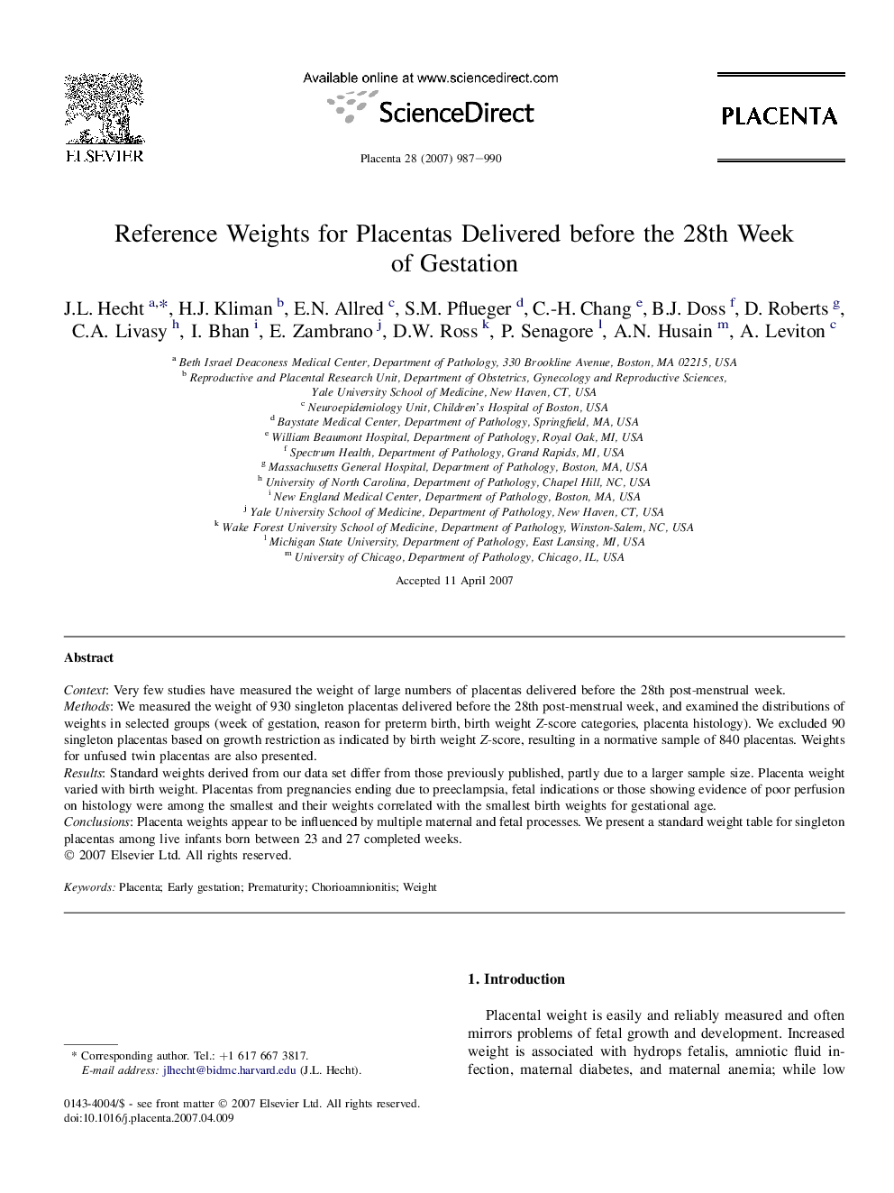 Reference Weights for Placentas Delivered before the 28th Week of Gestation