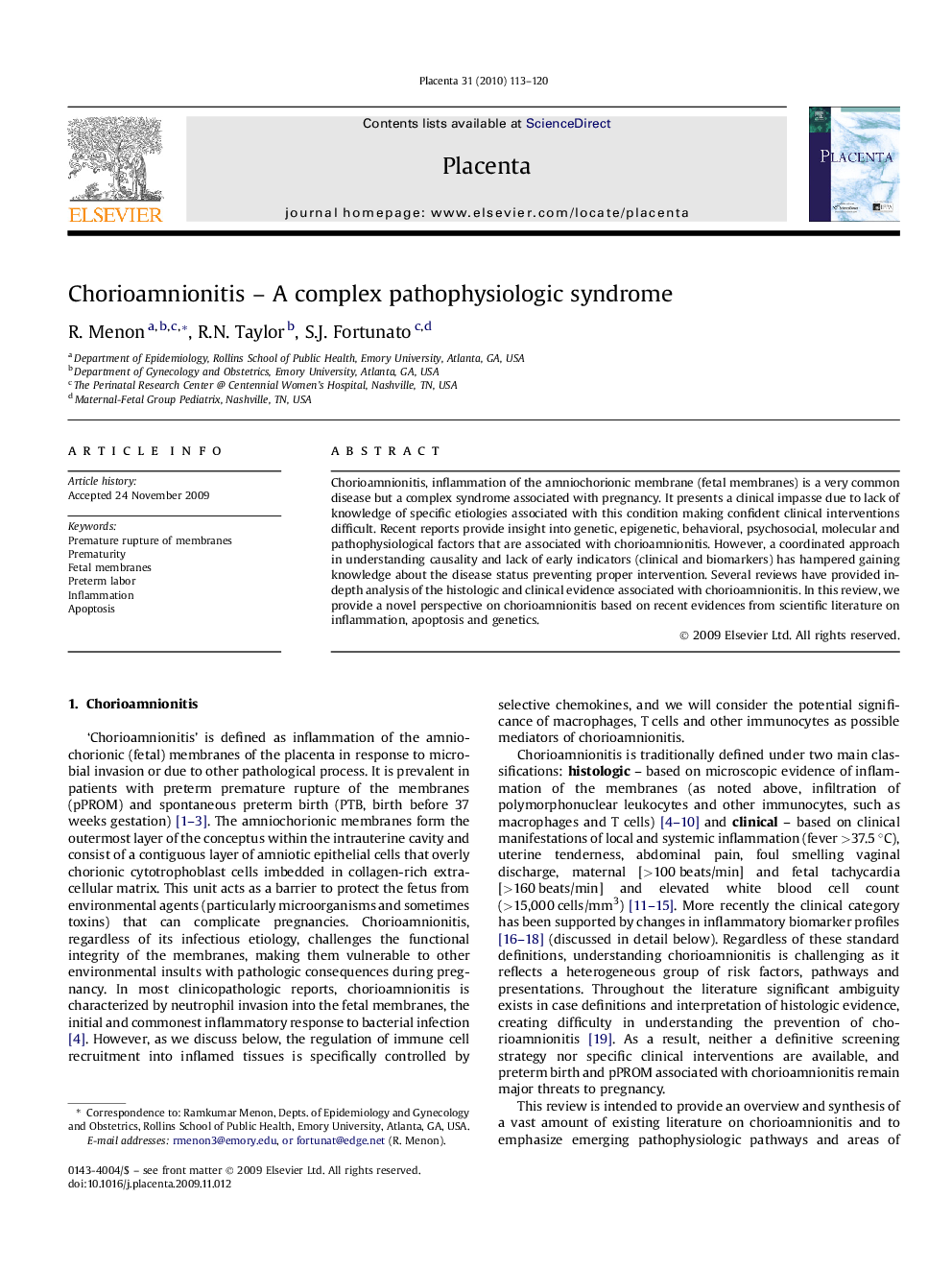 Chorioamnionitis – A complex pathophysiologic syndrome