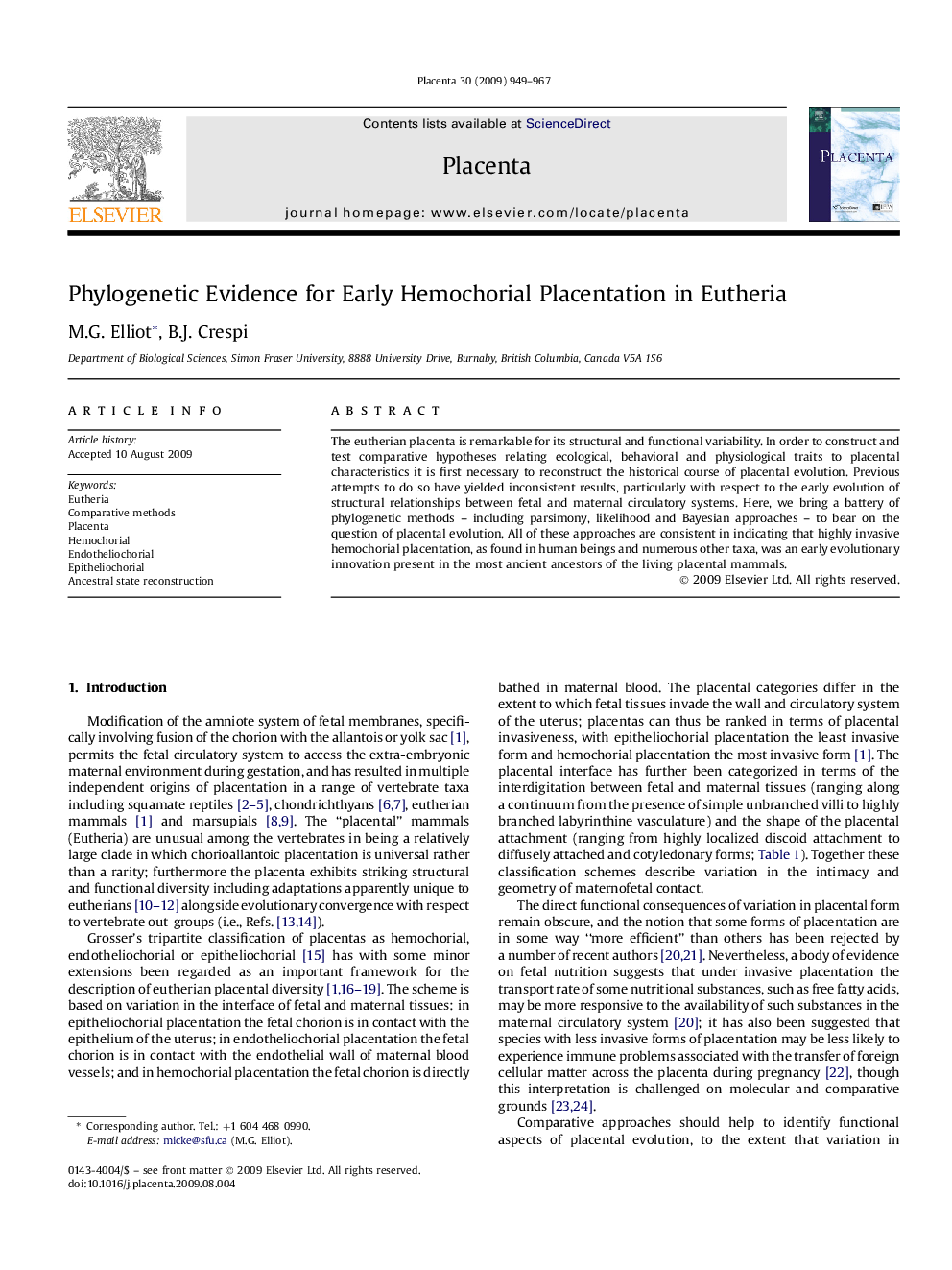 Phylogenetic Evidence for Early Hemochorial Placentation in Eutheria