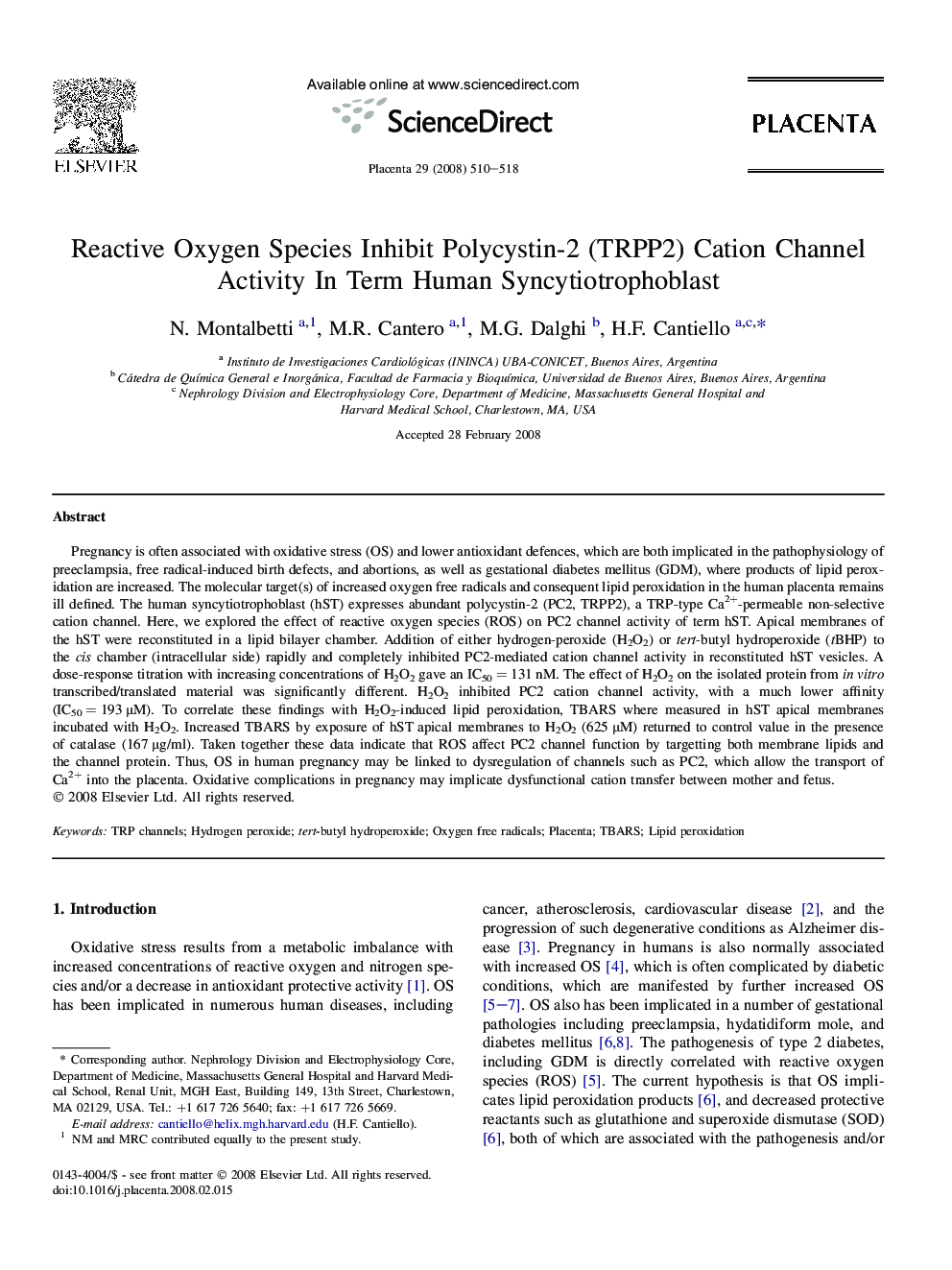 Reactive Oxygen Species Inhibit Polycystin-2 (TRPP2) Cation Channel Activity In Term Human Syncytiotrophoblast