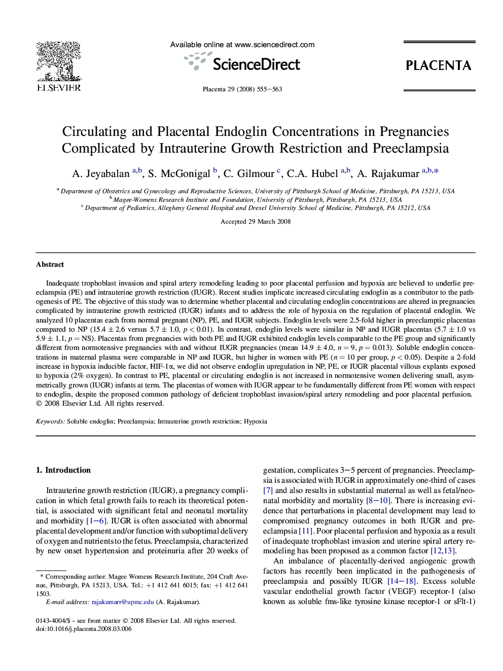 Circulating and Placental Endoglin Concentrations in Pregnancies Complicated by Intrauterine Growth Restriction and Preeclampsia