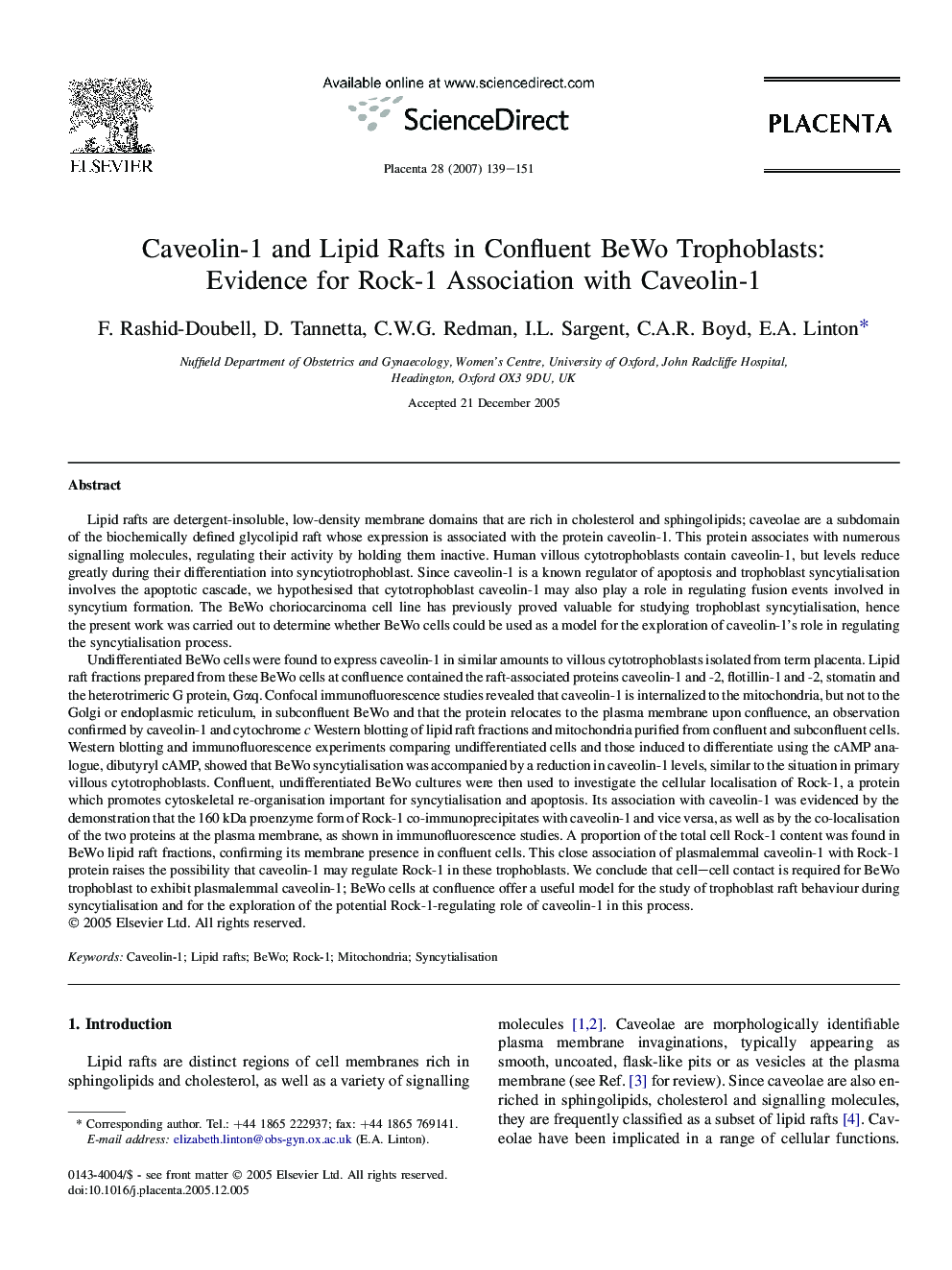 Caveolin-1 and Lipid Rafts in Confluent BeWo Trophoblasts: Evidence for Rock-1 Association with Caveolin-1