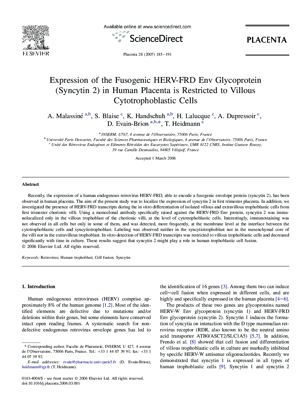 Expression of the Fusogenic HERV-FRD Env Glycoprotein (Syncytin 2) in Human Placenta is Restricted to Villous Cytotrophoblastic Cells