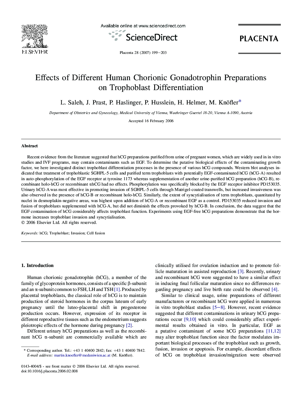 Effects of Different Human Chorionic Gonadotrophin Preparations on Trophoblast Differentiation