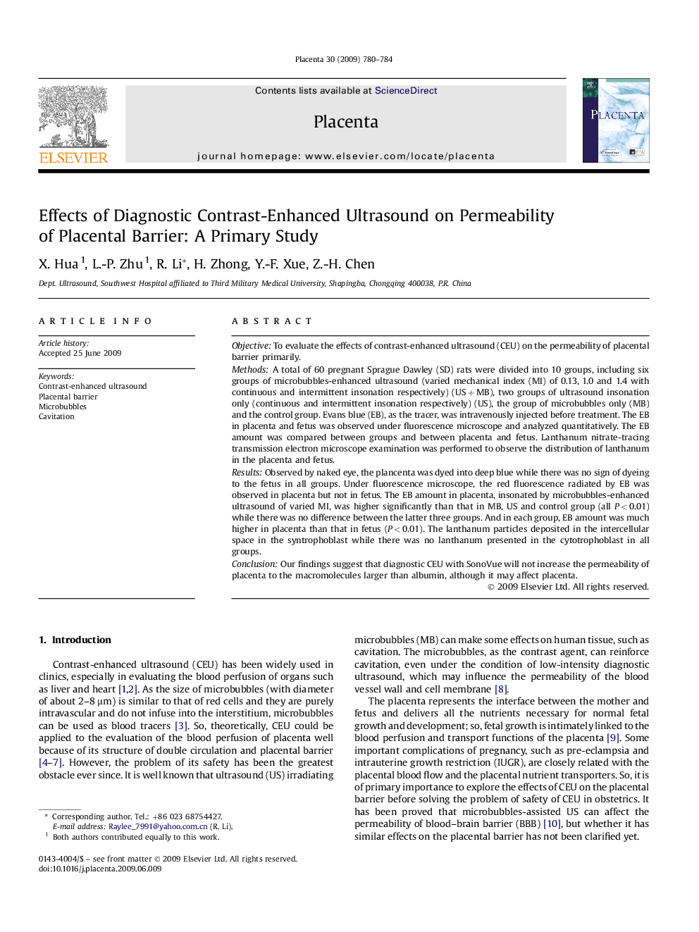 Effects of Diagnostic Contrast-Enhanced Ultrasound on Permeability of Placental Barrier: A Primary Study