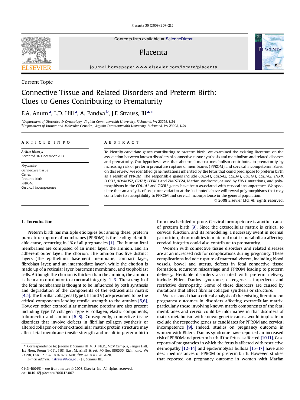 Connective Tissue and Related Disorders and Preterm Birth: Clues to Genes Contributing to Prematurity