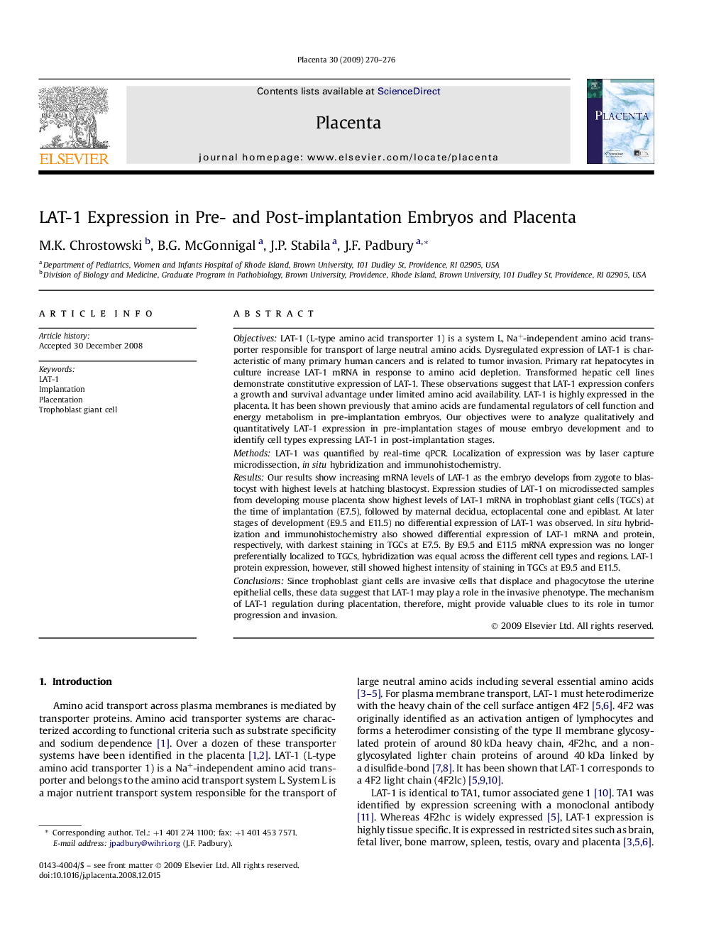 LAT-1 Expression in Pre- and Post-implantation Embryos and Placenta