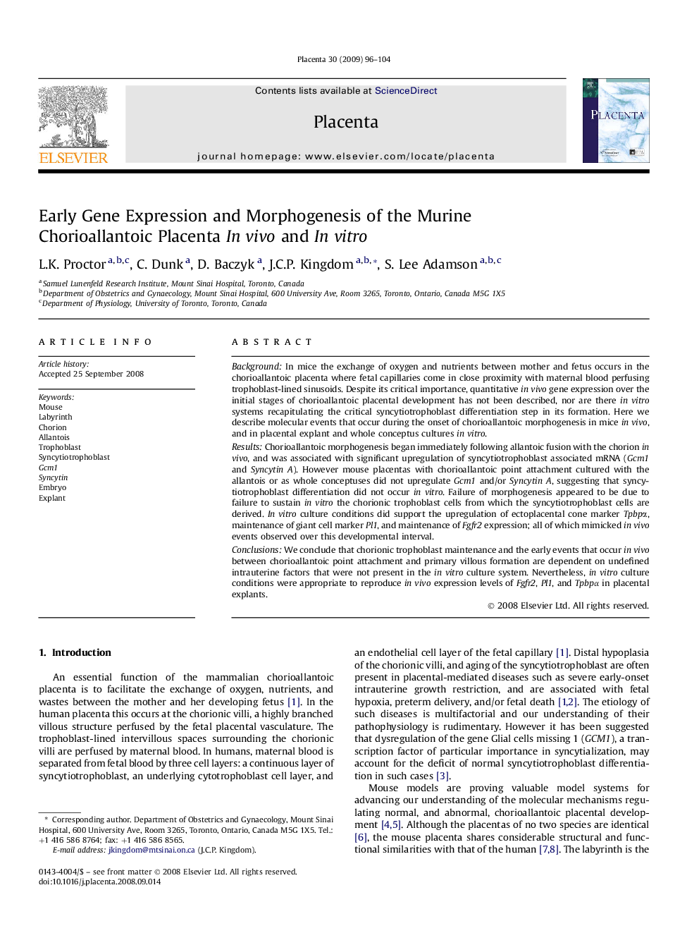 Early Gene Expression and Morphogenesis of the Murine Chorioallantoic Placenta In vivo and In vitro