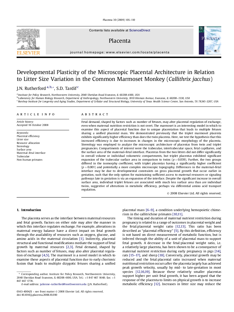 Developmental Plasticity of the Microscopic Placental Architecture in Relation to Litter Size Variation in the Common Marmoset Monkey (Callithrix jacchus)