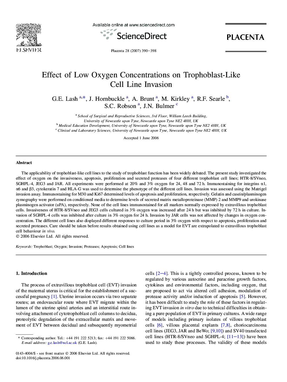 Effect of Low Oxygen Concentrations on Trophoblast-Like Cell Line Invasion