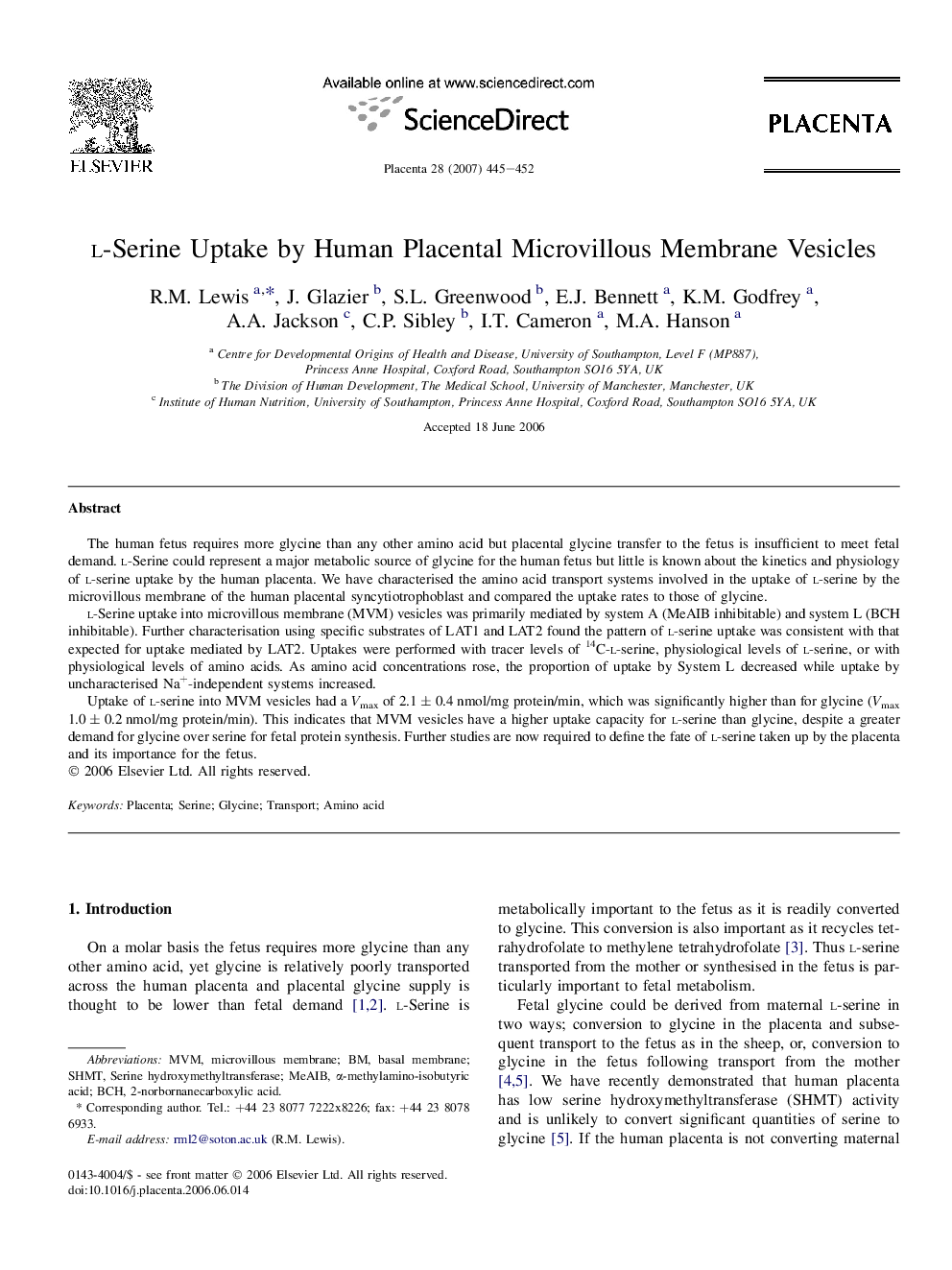 l-Serine Uptake by Human Placental Microvillous Membrane Vesicles