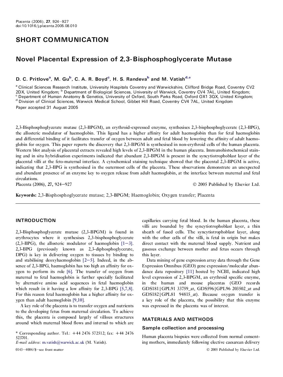 Novel Placental Expression of 2,3-Bisphosphoglycerate Mutase