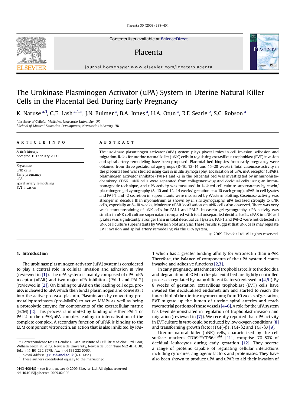 The Urokinase Plasminogen Activator (uPA) System in Uterine Natural Killer Cells in the Placental Bed During Early Pregnancy