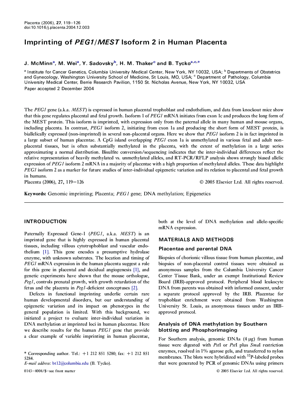 Imprinting of PEG1/MEST Isoform 2 in Human Placenta