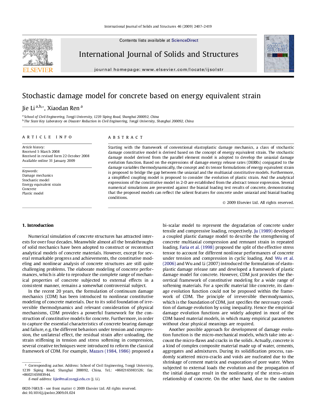 Stochastic damage model for concrete based on energy equivalent strain