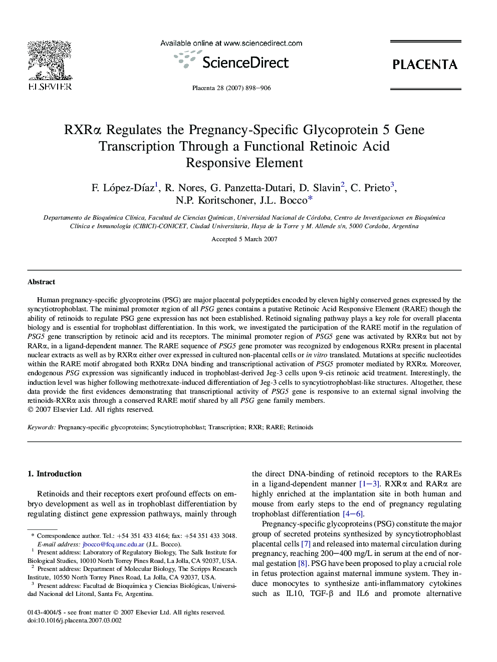 RXRα Regulates the Pregnancy-Specific Glycoprotein 5 Gene Transcription Through a Functional Retinoic Acid Responsive Element