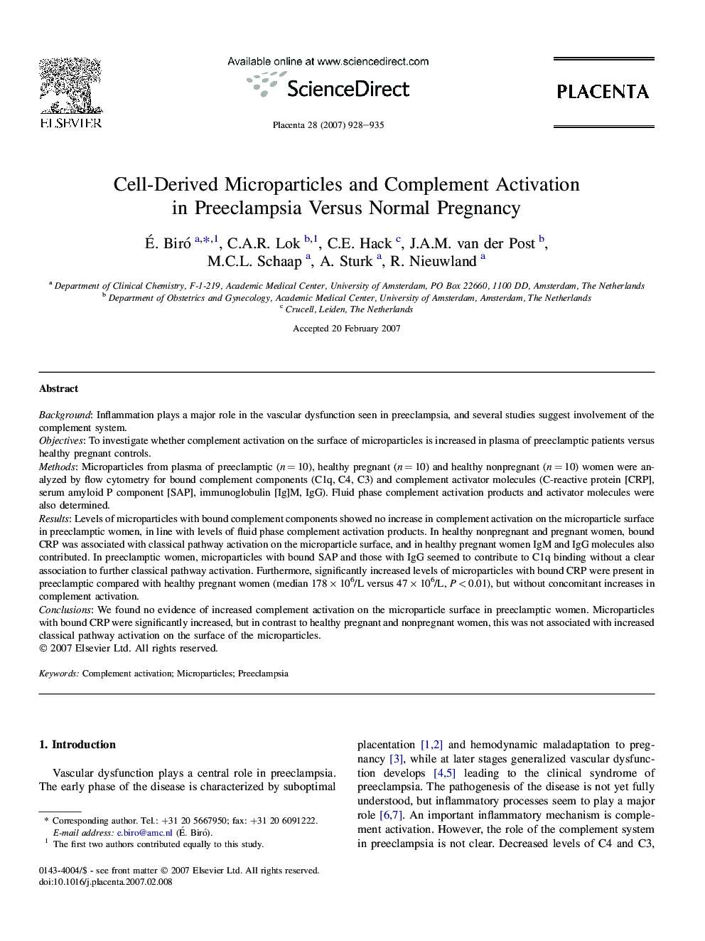 Cell-Derived Microparticles and Complement Activation in Preeclampsia Versus Normal Pregnancy