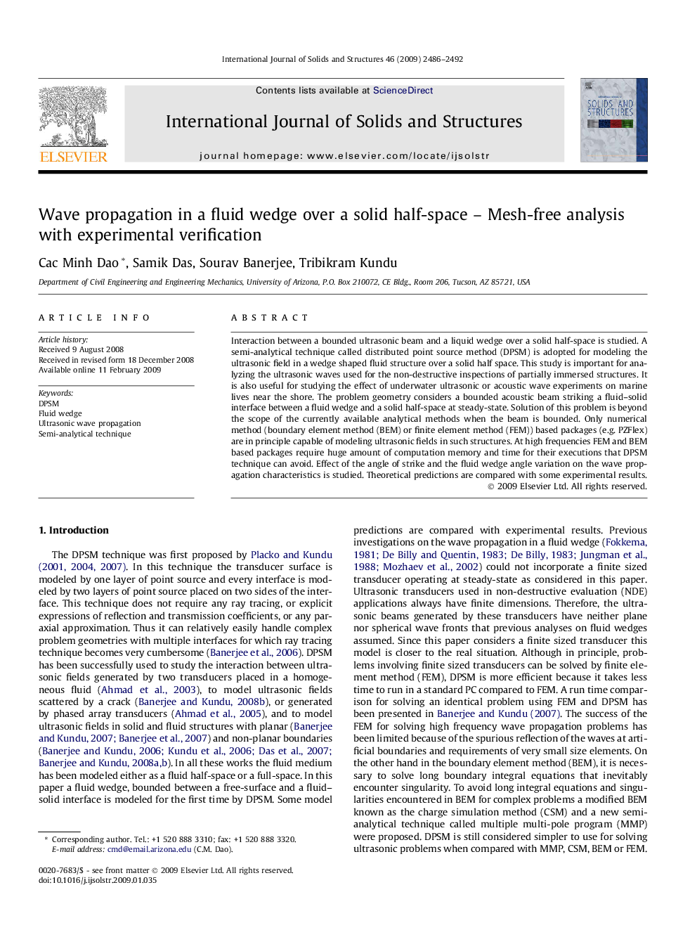 Wave propagation in a fluid wedge over a solid half-space – Mesh-free analysis with experimental verification