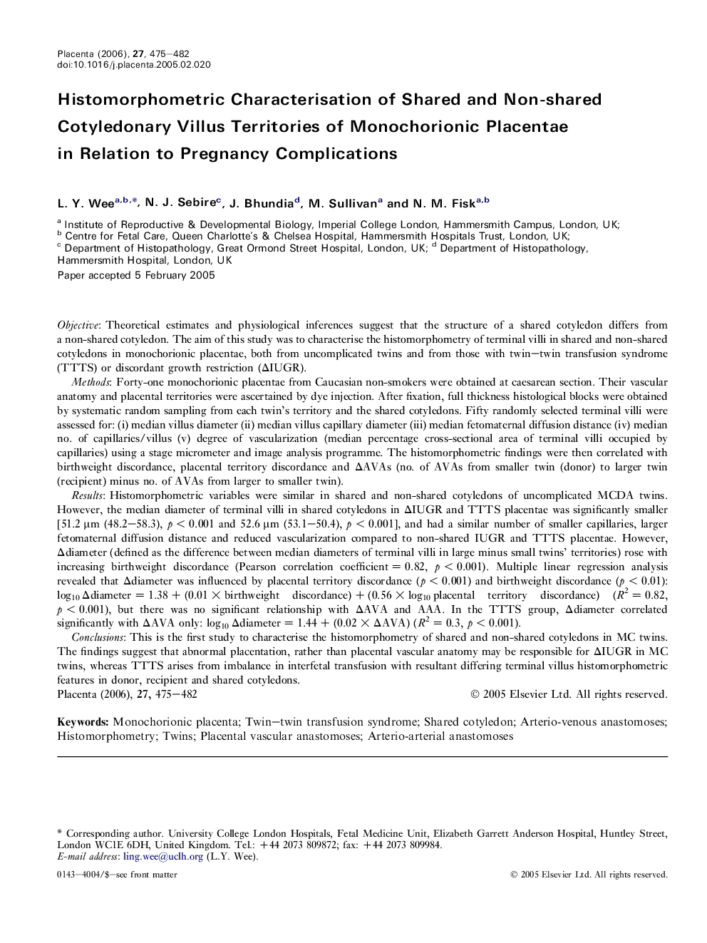 Histomorphometric Characterisation of Shared and Non-shared Cotyledonary Villus Territories of Monochorionic Placentae in Relation to Pregnancy Complications