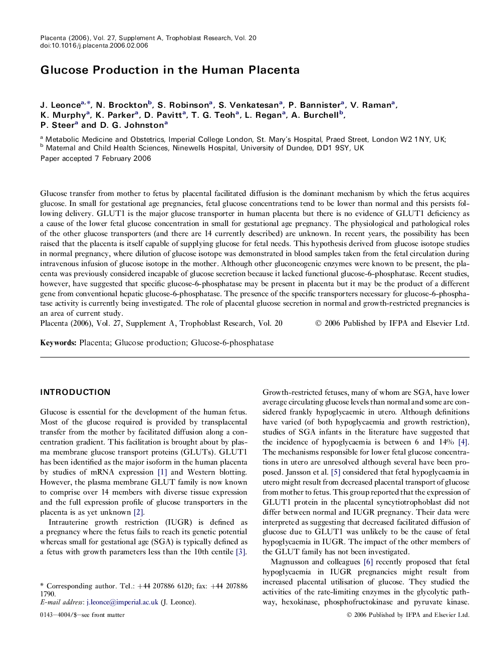 Glucose Production in the Human Placenta