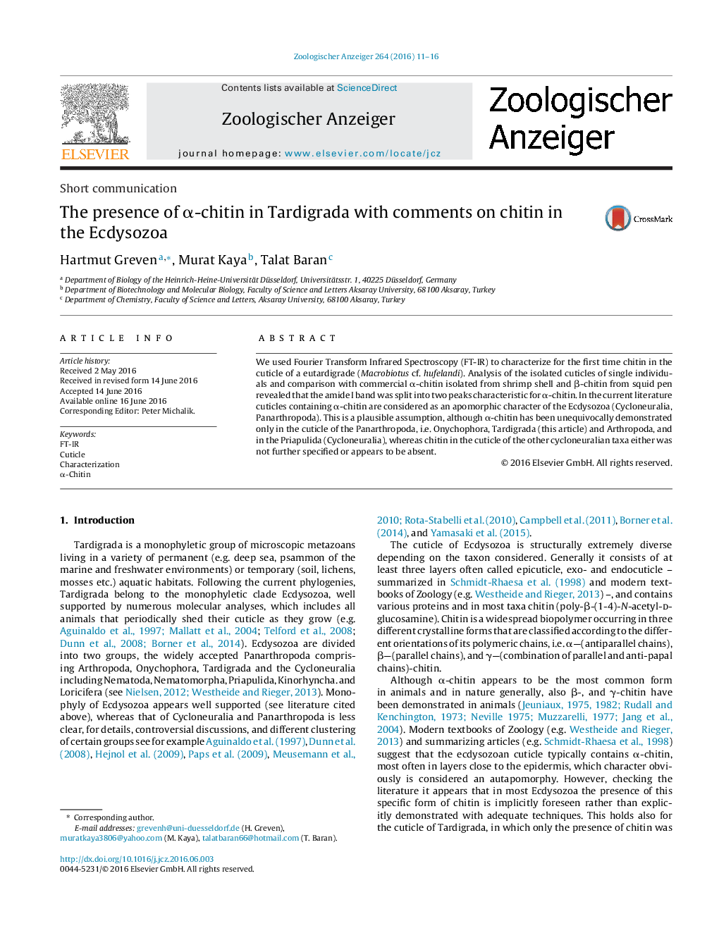 The presence of α-chitin in Tardigrada with comments on chitin in the Ecdysozoa