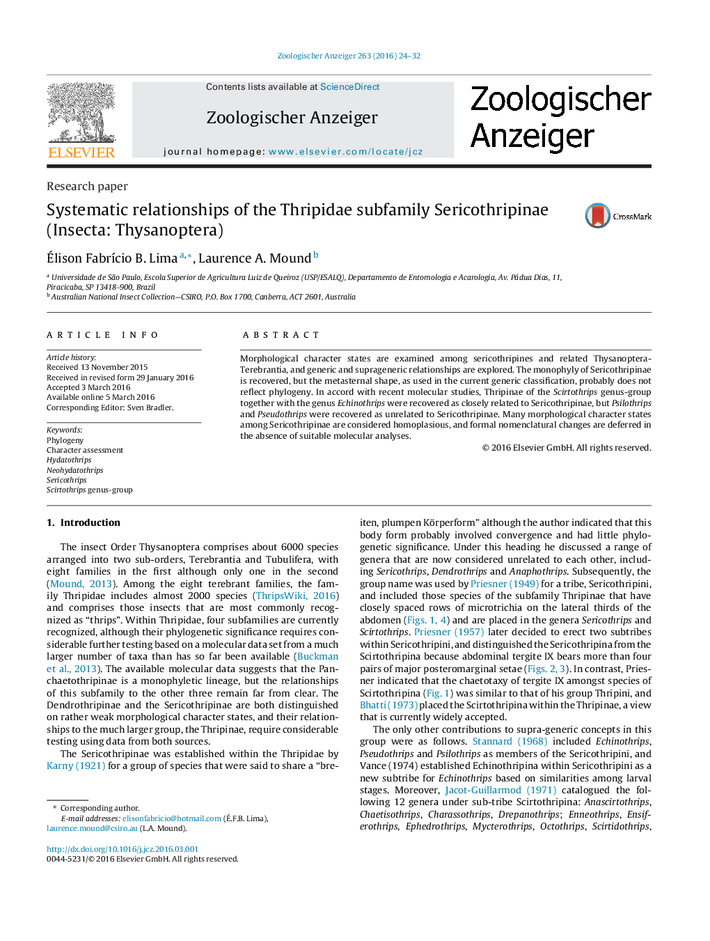 Systematic relationships of the Thripidae subfamily Sericothripinae (Insecta: Thysanoptera)