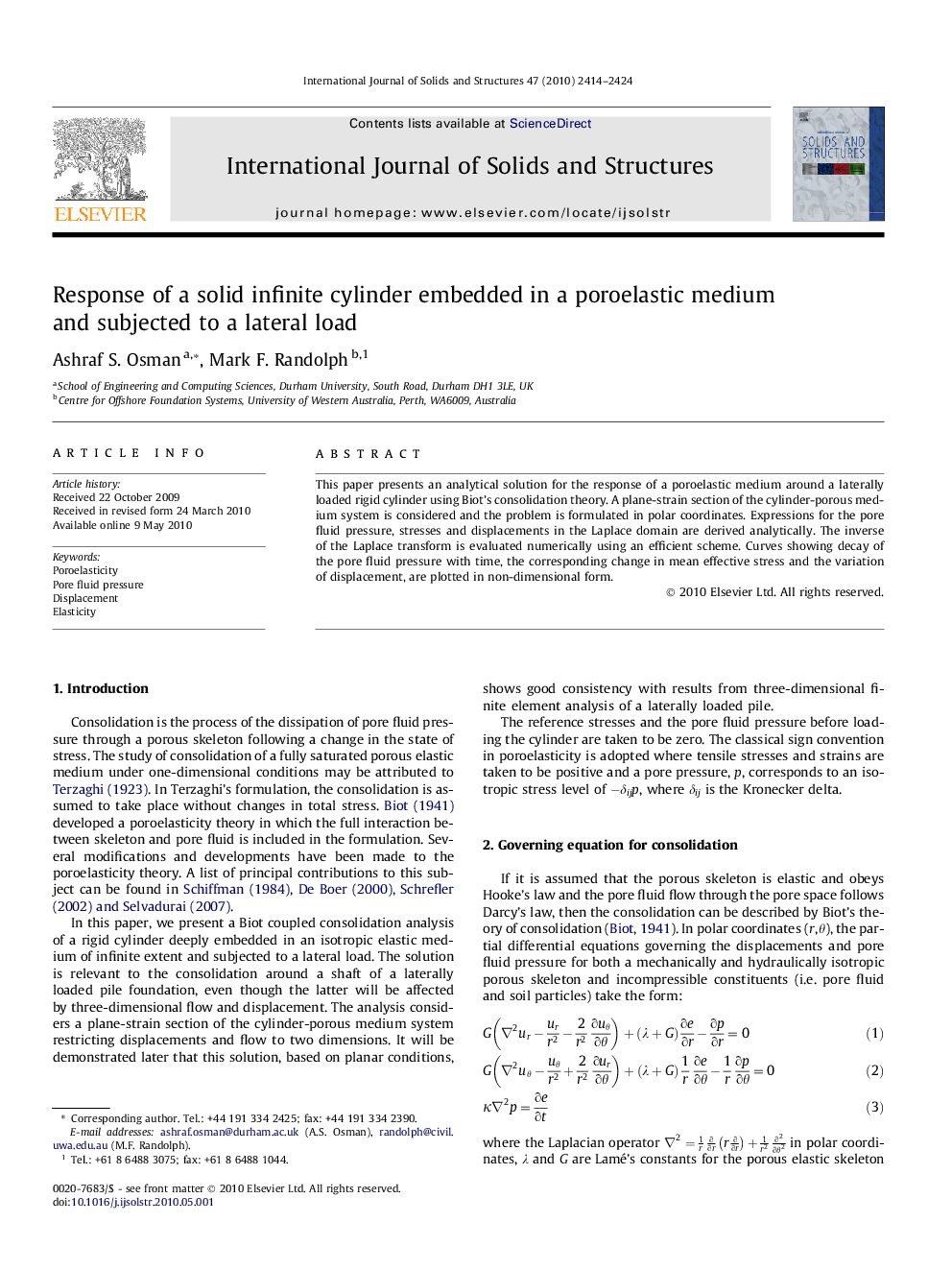 Response of a solid infinite cylinder embedded in a poroelastic medium and subjected to a lateral load