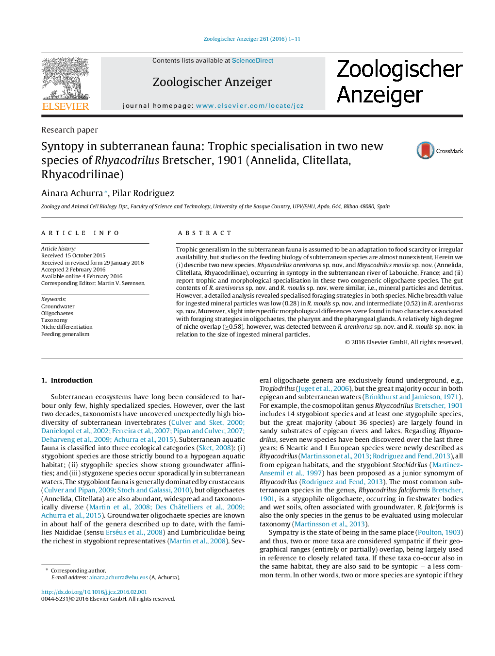 Syntopy in subterranean fauna: Trophic specialisation in two new species of Rhyacodrilus Bretscher, 1901 (Annelida, Clitellata, Rhyacodrilinae)