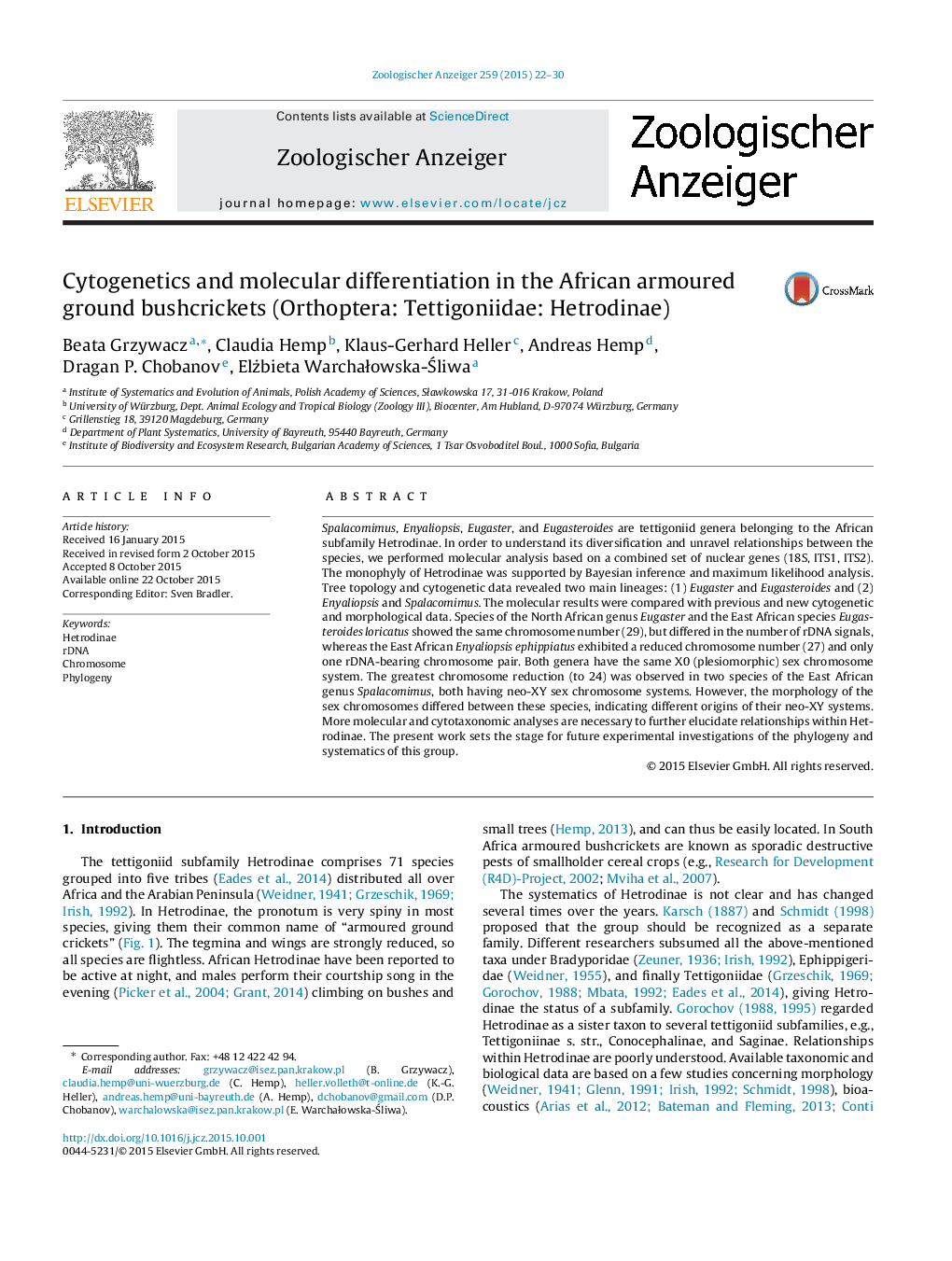 Cytogenetics and molecular differentiation in the African armoured ground bushcrickets (Orthoptera: Tettigoniidae: Hetrodinae)