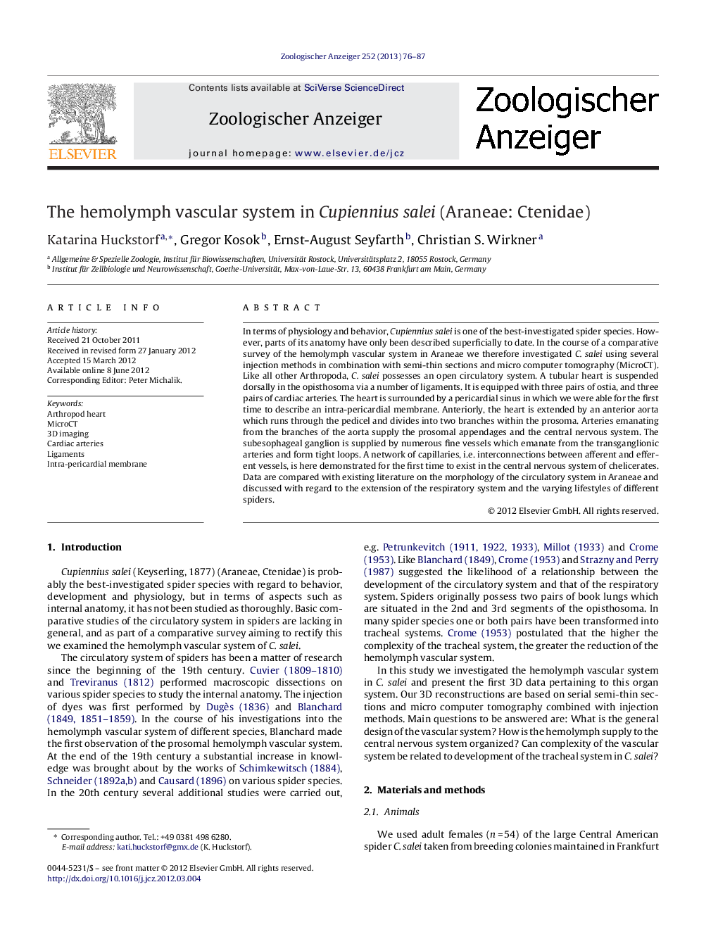 The hemolymph vascular system in Cupiennius salei (Araneae: Ctenidae)