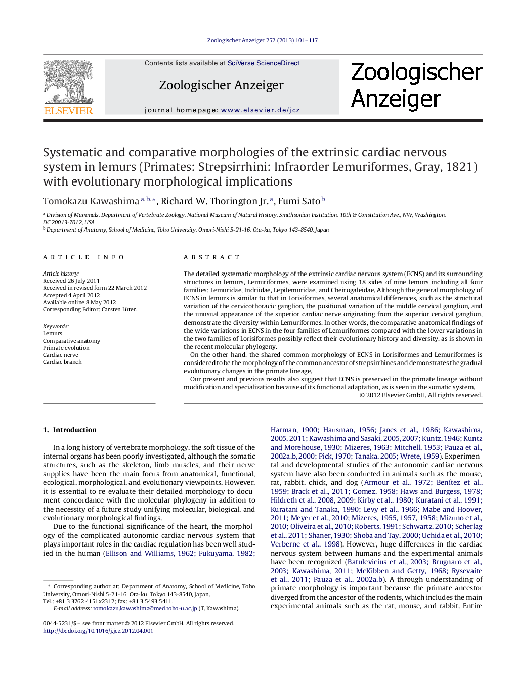 Systematic and comparative morphologies of the extrinsic cardiac nervous system in lemurs (Primates: Strepsirrhini: Infraorder Lemuriformes, Gray, 1821) with evolutionary morphological implications