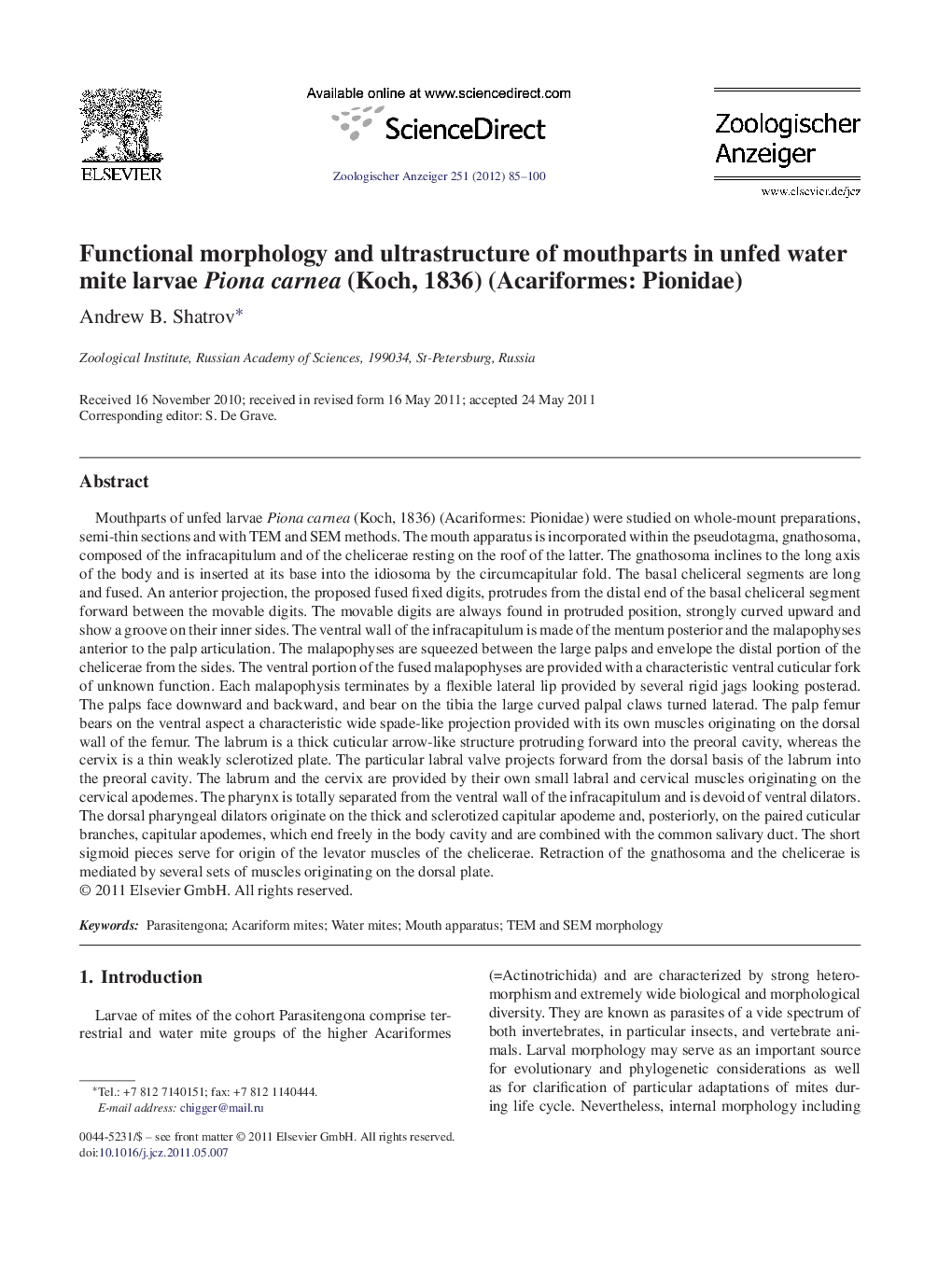 Functional morphology and ultrastructure of mouthparts in unfed water mite larvae Piona carnea (Koch, 1836) (Acariformes: Pionidae)