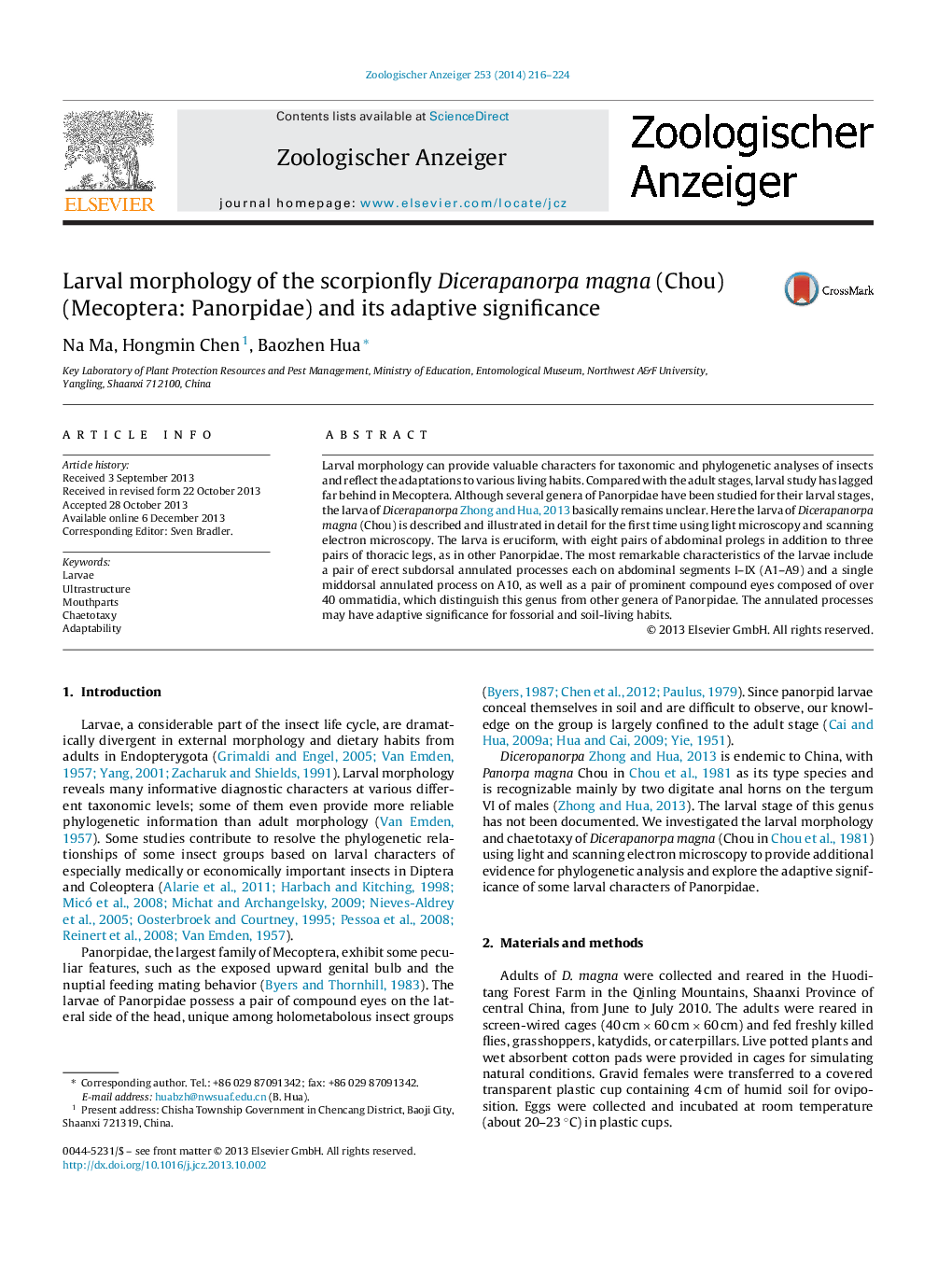 Larval morphology of the scorpionfly Dicerapanorpa magna (Chou) (Mecoptera: Panorpidae) and its adaptive significance