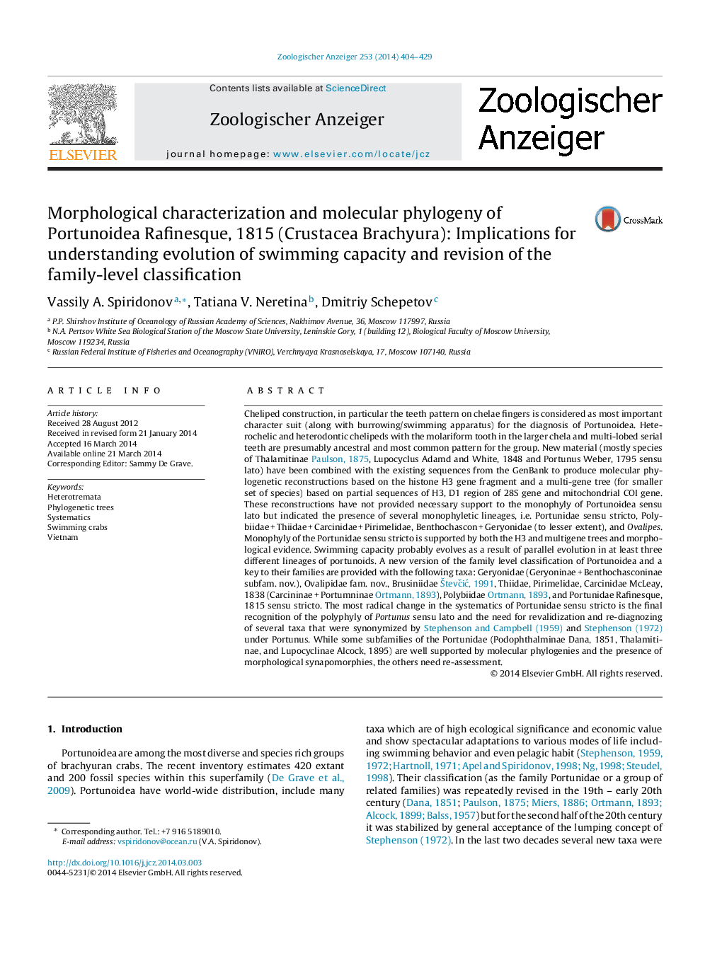 Morphological characterization and molecular phylogeny of Portunoidea Rafinesque, 1815 (Crustacea Brachyura): Implications for understanding evolution of swimming capacity and revision of the family-level classification