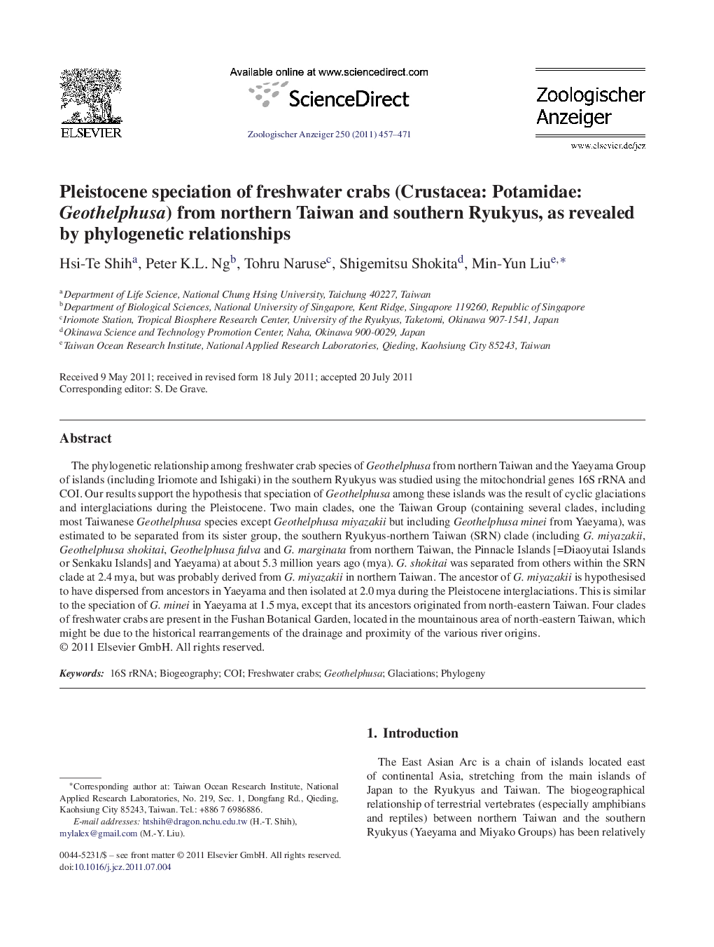 Pleistocene speciation of freshwater crabs (Crustacea: Potamidae: Geothelphusa) from northern Taiwan and southern Ryukyus, as revealed by phylogenetic relationships