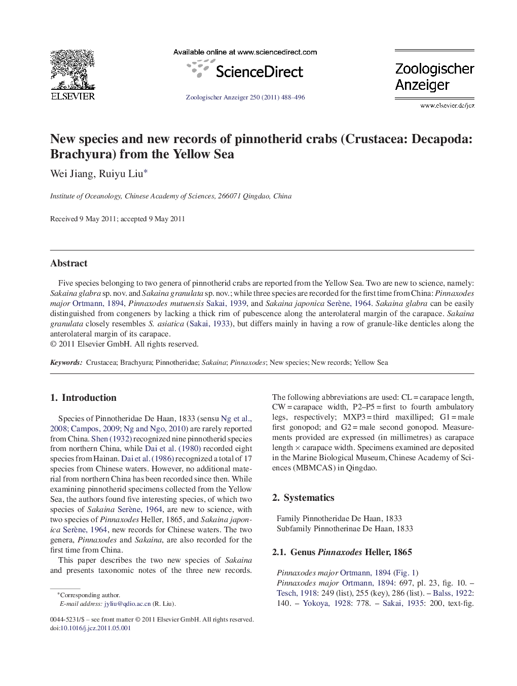 New species and new records of pinnotherid crabs (Crustacea: Decapoda: Brachyura) from the Yellow Sea