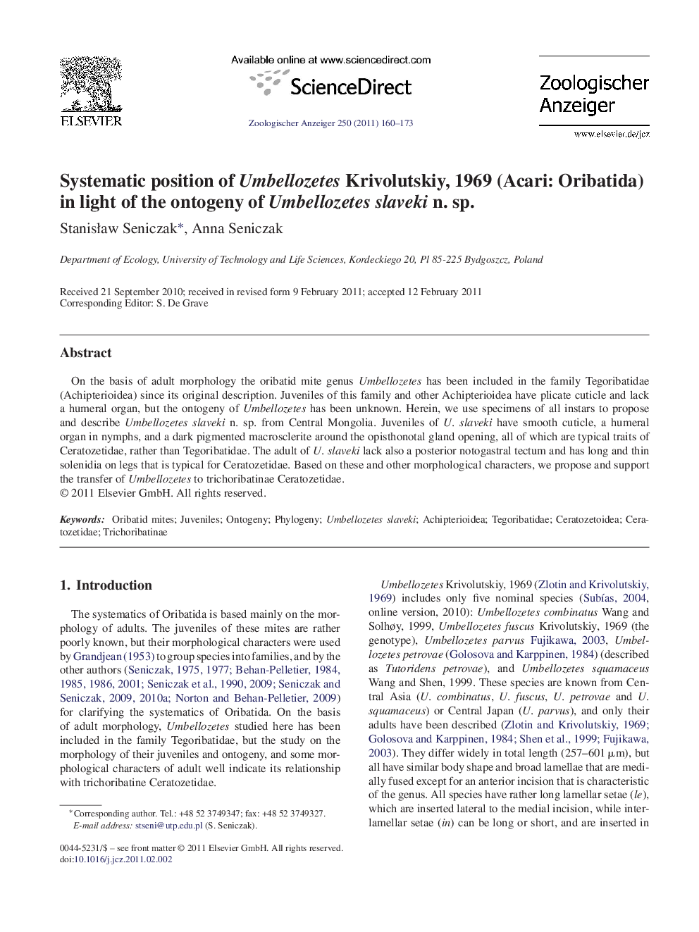 Systematic position of Umbellozetes Krivolutskiy, 1969 (Acari: Oribatida) in light of the ontogeny of Umbellozetes slaveki n. sp.