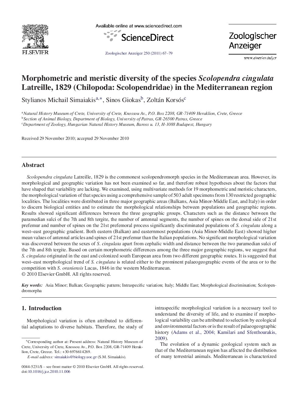 Morphometric and meristic diversity of the species Scolopendra cingulata Latreille, 1829 (Chilopoda: Scolopendridae) in the Mediterranean region