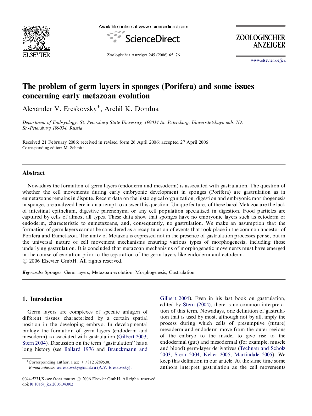 The problem of germ layers in sponges (Porifera) and some issues concerning early metazoan evolution