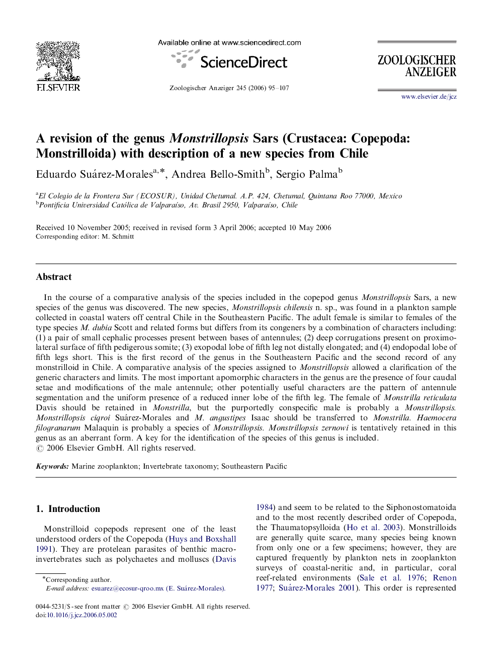 A revision of the genus Monstrillopsis Sars (Crustacea: Copepoda: Monstrilloida) with description of a new species from Chile