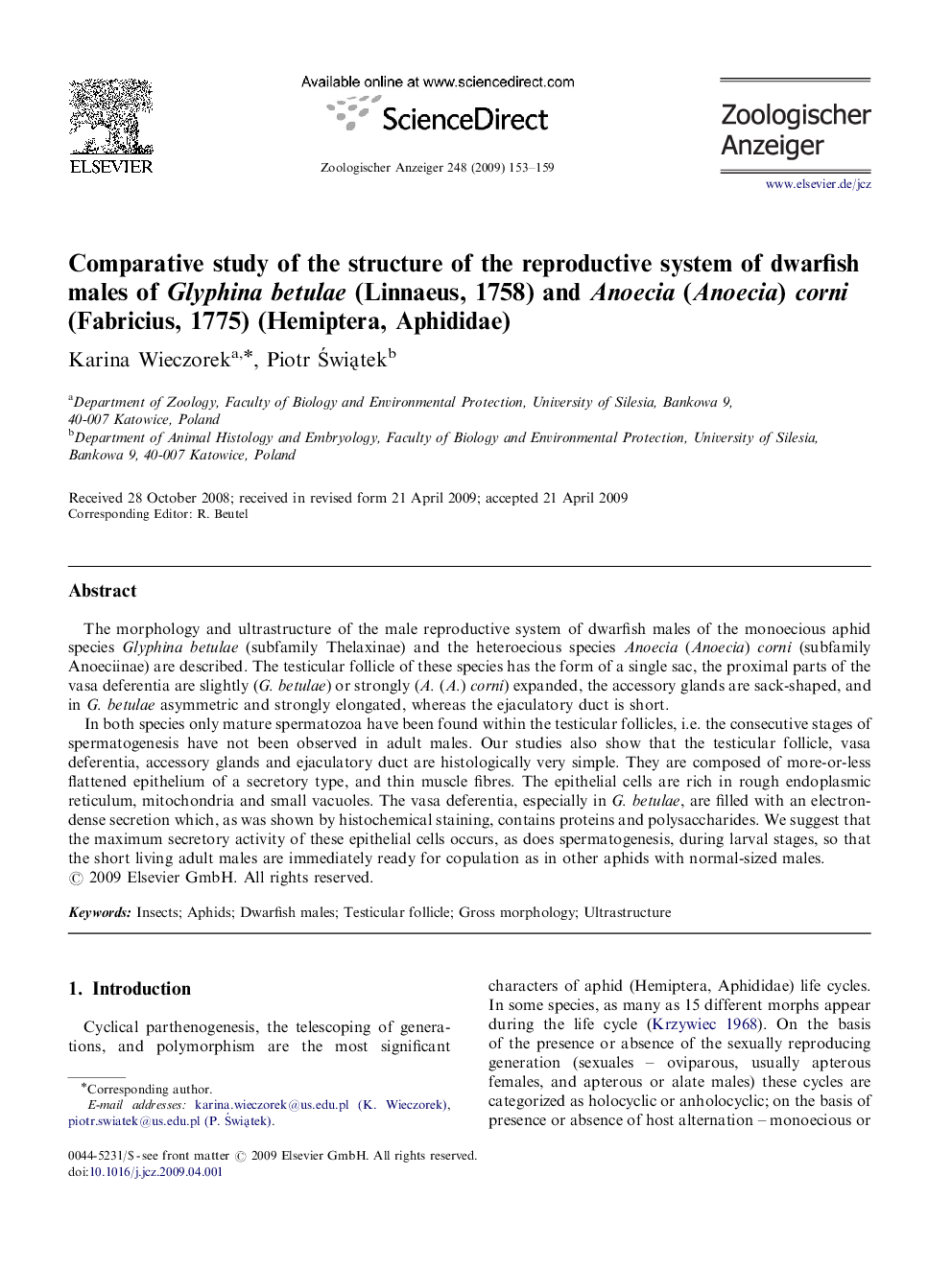 Comparative study of the structure of the reproductive system of dwarfish males of Glyphina betulae (Linnaeus, 1758) and Anoecia (Anoecia) corni (Fabricius, 1775) (Hemiptera, Aphididae)