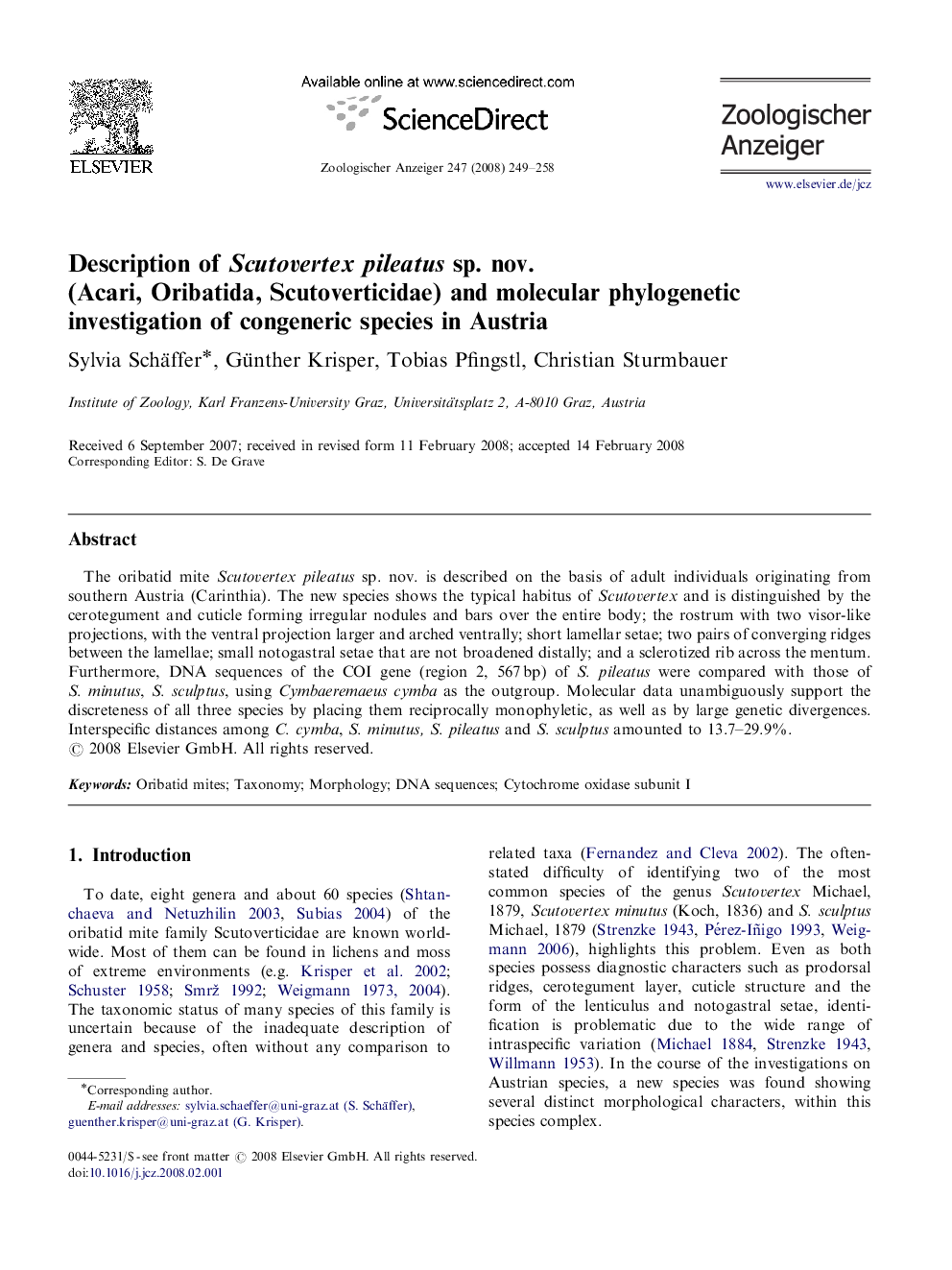 Description of Scutovertex pileatus sp. nov. (Acari, Oribatida, Scutoverticidae) and molecular phylogenetic investigation of congeneric species in Austria